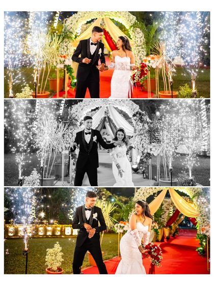 A collage of the couple's grand entrance, with color and black and white shots. The sparklers and their dance moves create a festive and energetic scene.