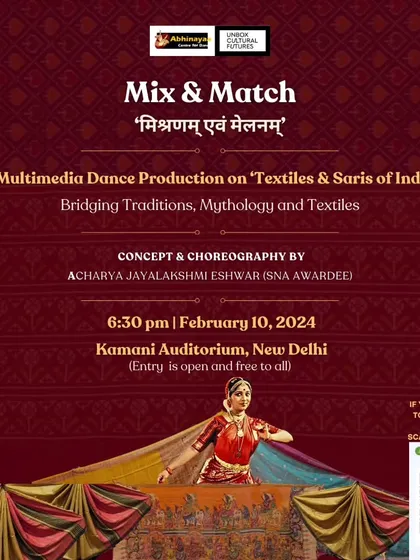 The official invitation for the premiere of 'Mix & Match' at Kamani Auditorium in New Delhi. This production was a culmination of extensive research into the mythology and history of Indian textiles.