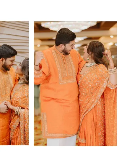 A diptych of Hinal and Jeet, capturing their happy and playful dynamic after their engagement ceremony.