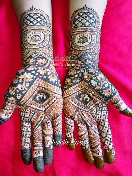 A perfect design for a meenakari lover. This pattern uses the bold, filled-in style to highlight elephant and lotus motifs within a geometric framework, creating a stained-glass effect.