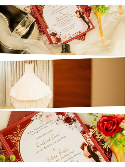 A collage of wedding details, including the invitation suite, the bride's shoes, and a glimpse of her dress. These shots help to set the scene for the day.