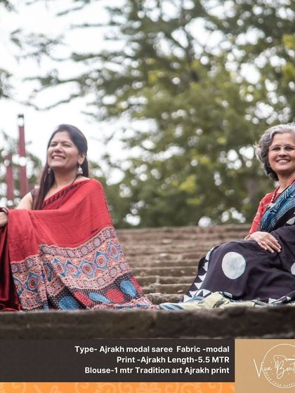 A beautiful moment captured with two customers wearing our Ajrakh modal sarees. It shows how these timeless pieces suit women of all ages and styles.