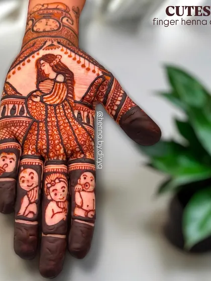 A close-up of a beautiful baby shower design, focusing on the portrait of a mother holding her belly. The fingers are adorned with cute baby faces, adding a unique and personal touch.