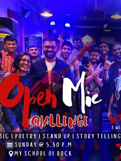The poster for Open Mic Challenge 66, using a great group photo to emphasize the community aspect of the competition.