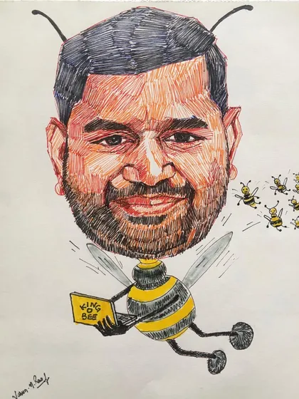 A "King Bee" caricature, celebrating a team leader. The theme is built around the person's role, making it a very specific and thoughtful piece of art.