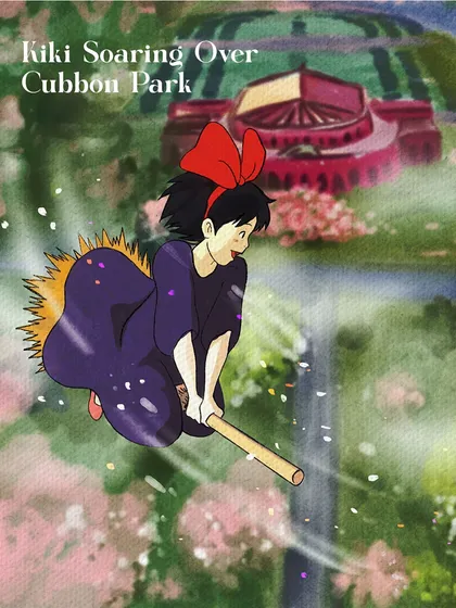 Kiki from 'Kiki's Delivery Service' soaring over Cubbon Park in Bengaluru. It’s a tribute to my current city, imagining her flying over the iconic bandstand among the lush greenery.