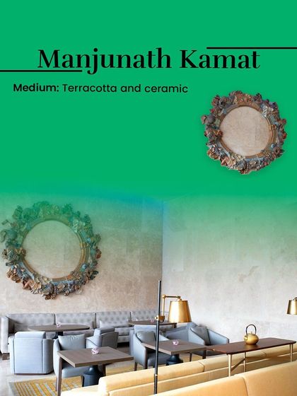 A terracotta and ceramic mirror frame by Manjunath Kamat, curated for the tea lounge at the Four Seasons Hotel. This is what our External Curation service is about: taking art beyond gallery walls.