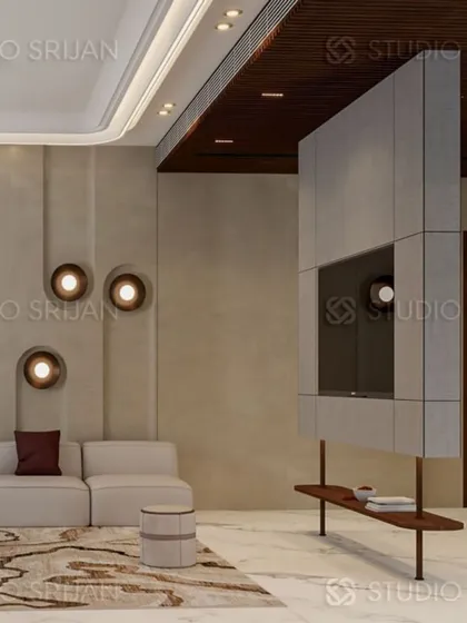 A unique, suspended TV unit in the Model Town lobby, which appears to float. This design choice maximizes floor space and adds a futuristic, minimalist touch.