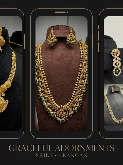 A look at some of the graceful adornments available at my store. You can see a variety of long necklaces, from traditional gold-plated designs to modern stone-studded pieces.
