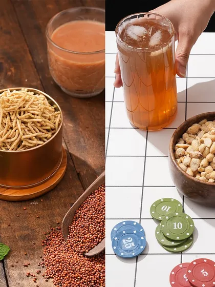 This split-screen image contrasts two different snacking occasions. On one side, a traditional Indian snack with chai, and on the other, a modern setup with iced tea and poker chips, showing the product's versatility.