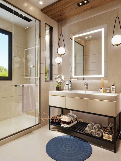 A neat and luxurious bathroom design with a minimalist vanity, elegant pendant lights, and a spacious glass-enclosed shower.