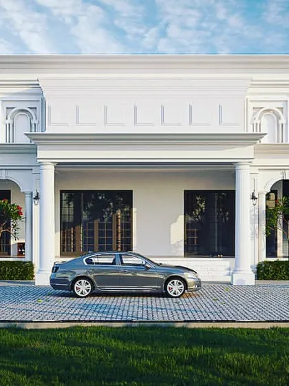 A frontal view of a large classical building, showcasing its symmetrical design with a central portico supported by columns. The arched windows and detailed facade create a sense of formal elegance.