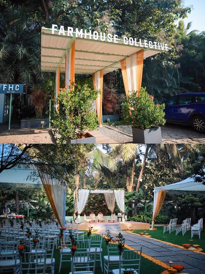 The entrance to Farmhouse Collective decorated for a morning wedding. This view shows how the space welcomes guests into a lush, private world, with the main lawn and stage visible in the background.