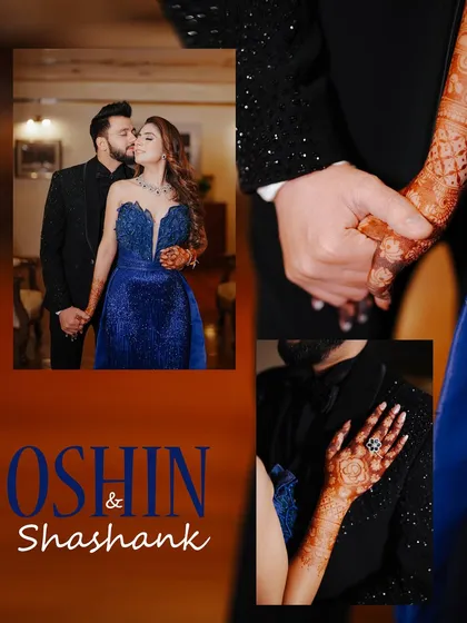 A collage focusing on the details of an engagement, with a romantic portrait of the couple and close-ups of their intertwined hands showing the ring.