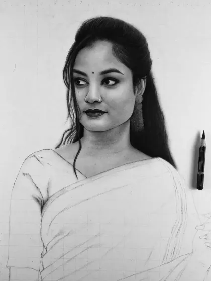 The portrait with the face completed, showcasing the life-like quality of the drawing.