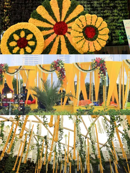 A collage of Haldi decor details, including a floral wall with marigold patterns, yellow drapes, and a ceiling of hanging jasmine and marigold strings.