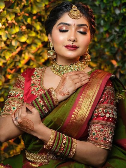 A portrait of the complete South Indian bridal look. This is the kind of picture perfect result my students learn to achieve, combining draping, styling, and an eye for detail.
