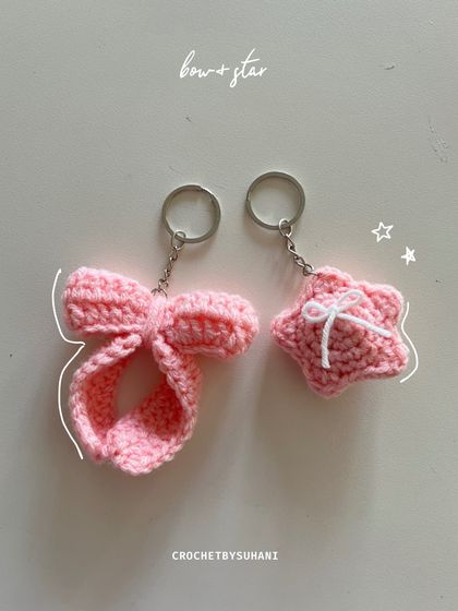 A matching set of a pink coquette bow and a stuffed star keychain. These two designs are part of my 'coquette' collection and can be ordered together or separately.