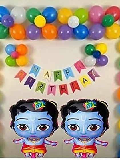 This is a fun and colorful backdrop for a child's birthday with a Krishna theme. It includes a full balloon frame, a "Happy Birthday" banner, and two large foil balloons shaped like cartoon Krishna, perfect for a kid's party.