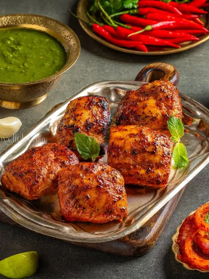 Tandoori Fish Tikka, styled with fresh mint and chillies. The focus is on the charred texture and vibrant color of the fish for The Mughal House.