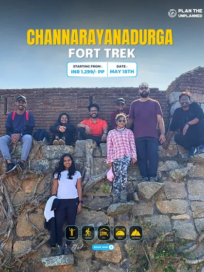 A group poses by the ruins of Channarayanadurga Fort.
