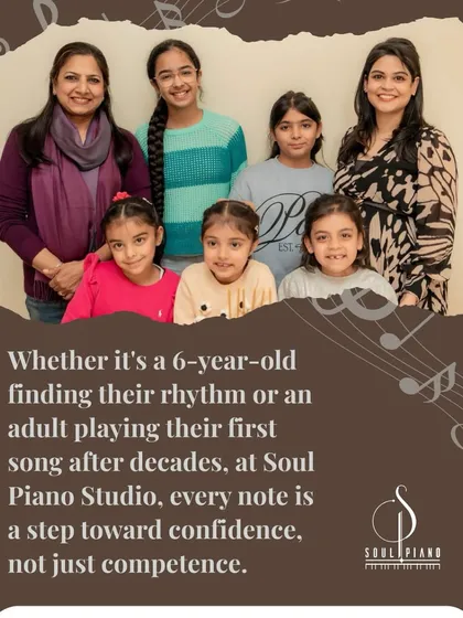 This photo captures the diversity of our studio, from a 6-year-old just starting out to an adult playing their first song in years. Every student's goal is different, but the path is the same: building confidence and finding joy through music.