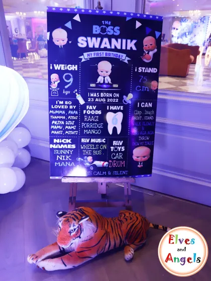 A personalized milestone board is a wonderful touch for a first birthday. This one for Swanik's Boss Baby party shared fun facts about his first year in a creative and on-theme way.