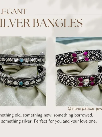 Elegant silver bangles. This graphic shows two pairs of our oxidised kadas, one with turquoise and kundan, the other with pink stones.