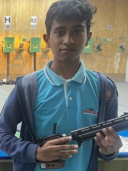 One of our talented shooters, Vishal, after winning a gold medal in the Air Pistol Under 19 category at an ICSE school competition, qualifying for the nationals.