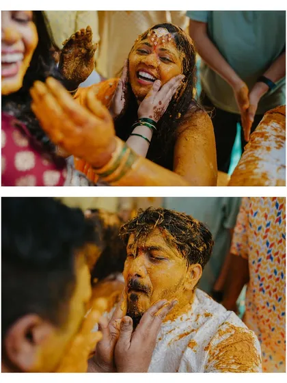 The pure, messy fun of a Haldi ceremony. These close-ups capture the candid reactions of the bride and groom as they get covered in haldi by their loved ones.