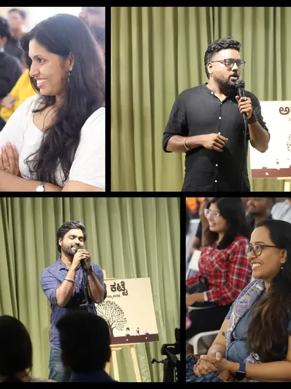 A mix of performers on stage and happy faces in the audience at "Arali Katte".