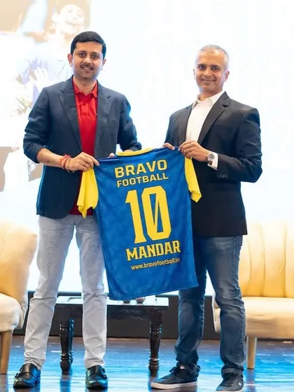 Our Chief Guest, Mr. Mandar Tamhane, CEO of NorthEast United FC, is presented with a custom Bravo jersey at our Annual Awards Day. His presence and insights on talent development were an honor for our community.