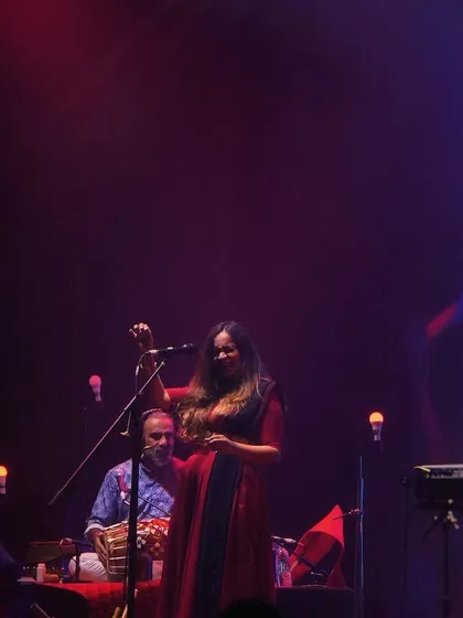 A full-stage view from the 'Vari' album release concert, showing the connection between me and my mridangam player. This non-verbal communication is at the core of our live performances.