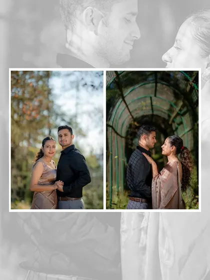 A collage showing a couple's pre-wedding moments, from posing in a rustic tunnel of greenery to sharing an intimate glance.