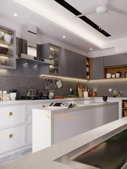 This angle showcases the island cooktop and the ample storage provided by the floor-to-ceiling cabinets on both sides.