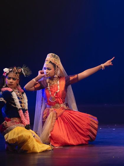 A poignant scene between two characters in "KRISHNA". The storytelling is conveyed through nuanced expressions and mudras, capturing the emotional depth of the narrative.