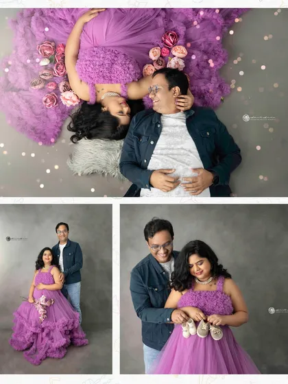 This collage shows the full story: from playful moments with baby shoes to romantic couple poses, capturing all the joy of expecting.
