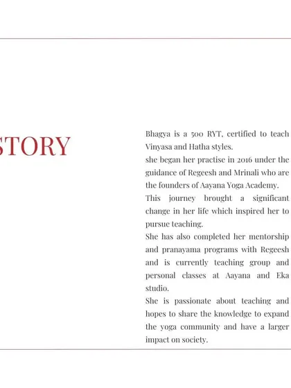 Bhagya's story is a testament to the transformative power of practice. She is passionate about sharing her knowledge and expanding our yoga community.