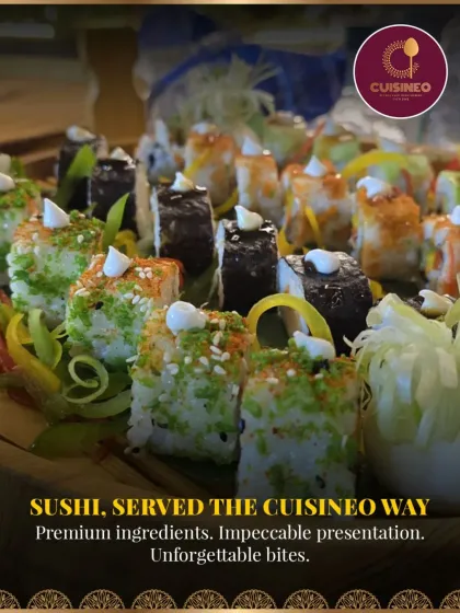 Our culinary expertise extends across the globe. Here is our beautifully plated sushi, a testament to our commitment to premium ingredients, authentic flavors, and impeccable presentation. We bring this level of artistry to every dish we serve.
