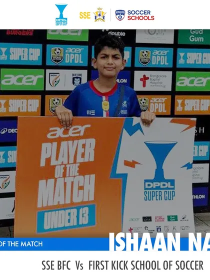 Ishaan Nair, named Player of the Match in the U13 DPDL Super Cup. We are proud to see our young players achieving individual success on a national stage.