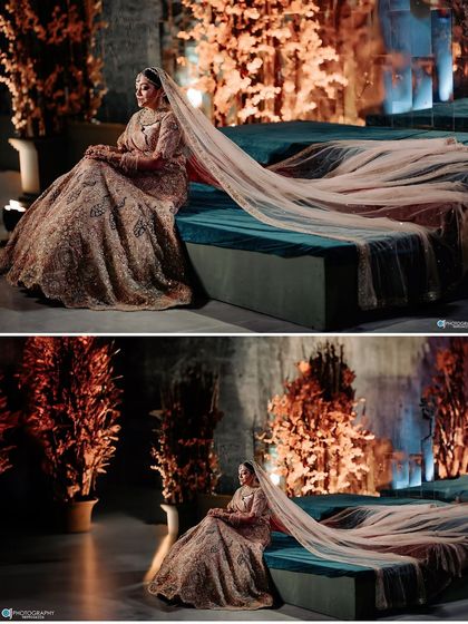 A collection of professional shots of my bride Shachi. Her dusty rose lehenga with a long trail was pure magic. We did a soft glam look with a subtle smokey eye to match the grandeur.