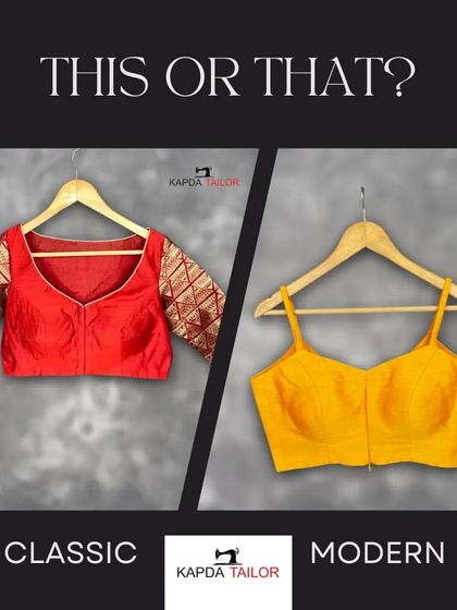 This or that? A fun graphic comparing a classic red brocade blouse with a modern yellow spaghetti-strap blouse.