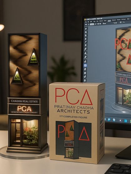 A collectible figurine of my own office, Pratinav Chadha Architects. This miniature model, complete with internal lighting, is a testament to my belief that good design is an art form worth celebrating.