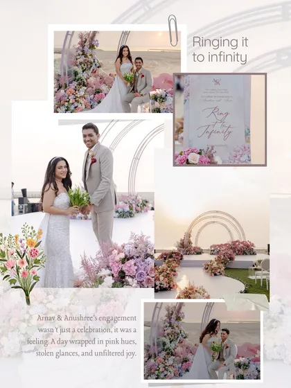 A collage capturing the feeling of Arnav and Anushree's engagement in Bahrain. A day wrapped in pink hues, stolen glances, and unfiltered joy.