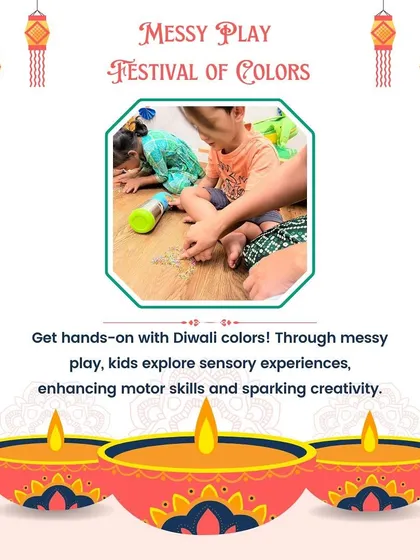 Getting hands-on with Diwali colors. Through messy play, kids explore sensory experiences that enhance their motor skills and spark creativity, all while learning about the festival.