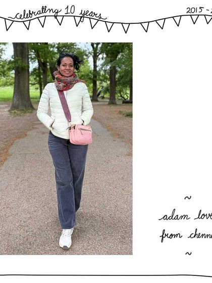 Mathangi from Chennai with her custom Adam bag in a lovely Peach leather. She opted for a wide sling handle in a contrasting Nude and Mulberry, a great example of how you can make a bag your own.