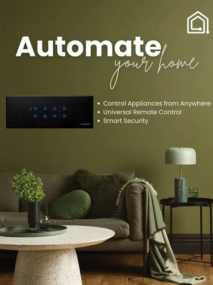Automate your home. This stylish living room with a sleek black touch switch illustrates how smart security and appliance control can be beautifully integrated into your decor.