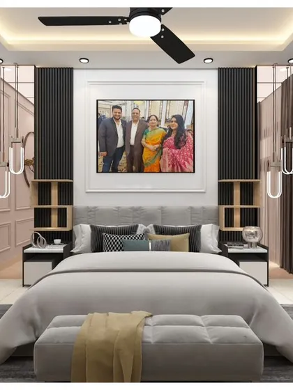 A luxurious 3D bedroom concept with a large family portrait as a centerpiece above the bed. The design includes elegant side tables, hanging pendant lights, and a sophisticated color scheme.