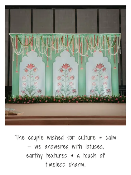 A note on the design inspiration: "The couple wished for culture + calm - we answered with lotuses, earthy textures + a touch of timeless charm."
