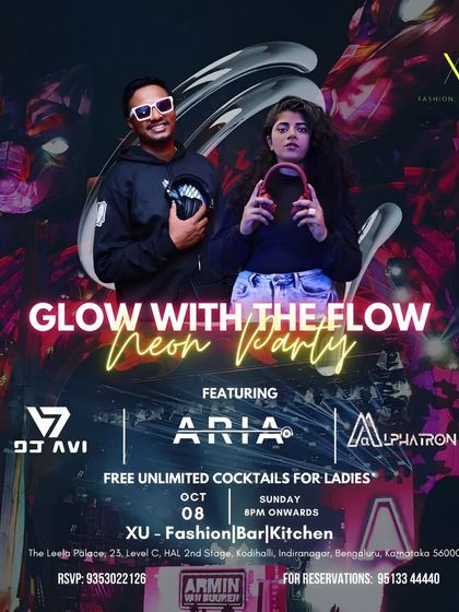 Poster for the 'Glow with the Flow' Neon Party at XU, where I collaborated with other top DJs for an electrifying night.